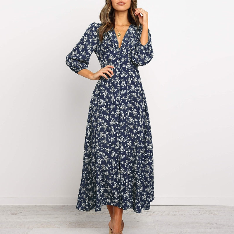 Elegantes langärmeliges Damenkleid mit Blumenmuster und V-Ausschnitt