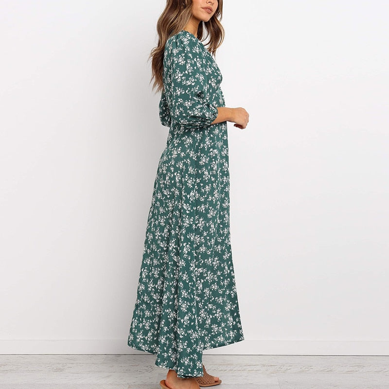 Elegantes langärmeliges Damenkleid mit Blumenmuster und V-Ausschnitt