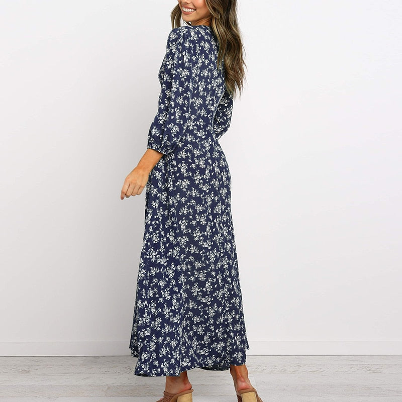 Elegantes langärmeliges Damenkleid mit Blumenmuster und V-Ausschnitt
