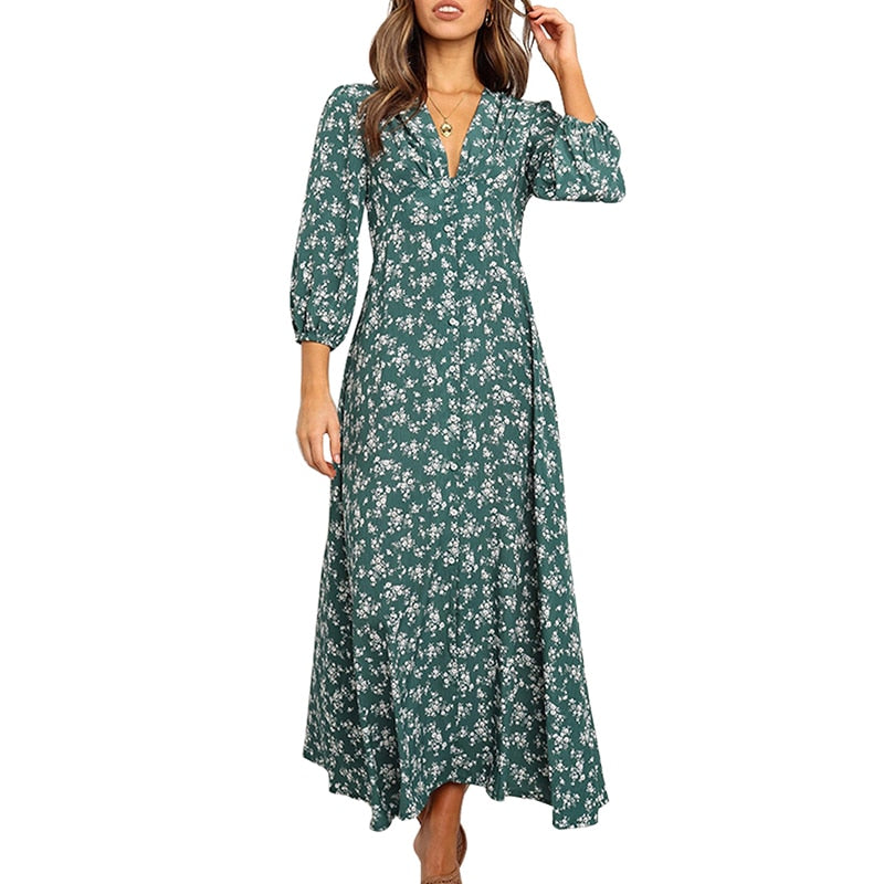 Elegantes langärmeliges Damenkleid mit Blumenmuster und V-Ausschnitt