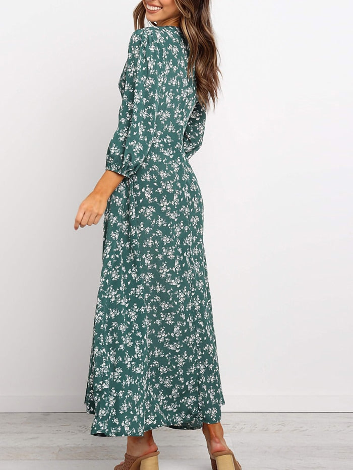 Elegantes langärmeliges Damenkleid mit Blumenmuster und V-Ausschnitt