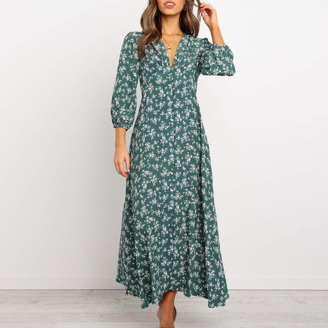 Elegantes langärmeliges Damenkleid mit Blumenmuster und V-Ausschnitt